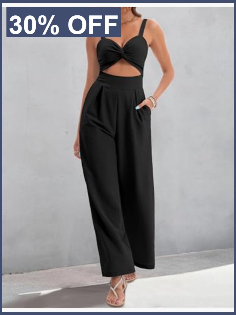 Dressy Sleeveless V Neck Wide Leg Jumpsuit with Pockets - Picture 2 of 7